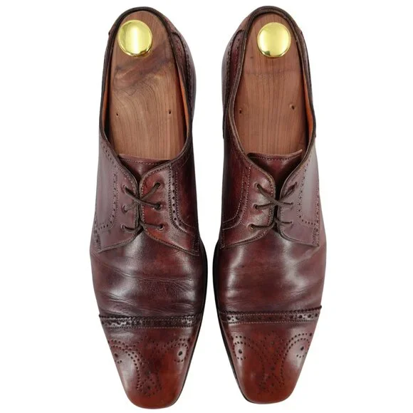 Santoni Italy Antiqued Brown Leather Dress Shoes 8 Cap-toe Brogue Derby Oxfords